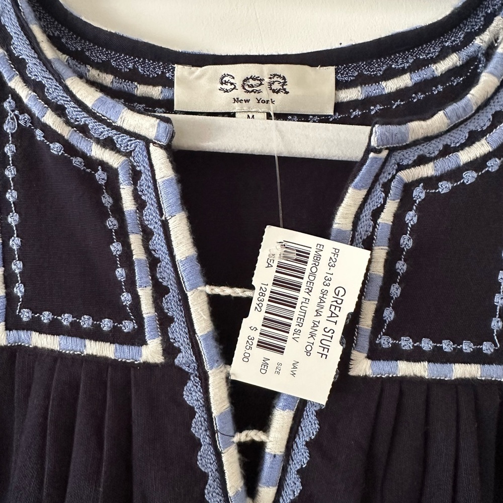 NWT Sea New York “Shaina” Embroidered Navy & White Ruffled Sleeve Tank Top - Picture 3 of 5